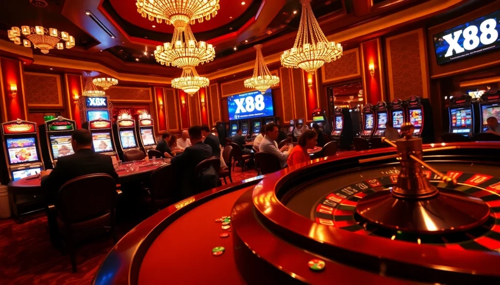 Experience the thrill of winning at XX88 with vibrant casino tables and excitement in the air.