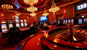 Experience the thrill of winning at XX88 with vibrant casino tables and excitement in the air.
