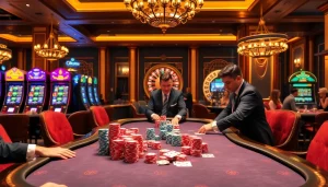 Players enjoying a thrilling game at the Okwin casino table surrounded by colorful chips.