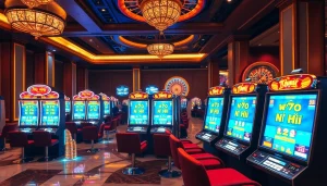 Spinning slot machines displaying Nổ Hũ in a vibrant casino scene filled with excitement.