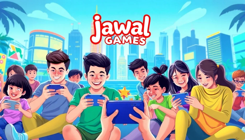 Dynamic illustration of gamers enjoying Jawal Games on mobile devices.