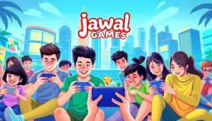 Dynamic illustration of gamers enjoying Jawal Games on mobile devices.