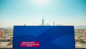 Catch the latest updates at https://saudiwadi.com with a vibrant news display against the Riyadh skyline.