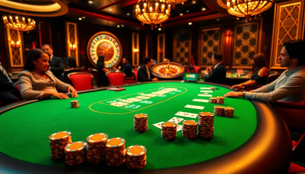 Experience the thrill of MM88 with competitive poker action and vibrant casino decor.