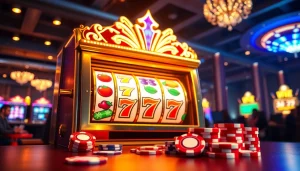 Menampilkan pengalaman bermain walettoto dengan mesin slot yang berwarna-warni dan suasana kasino yang megah.