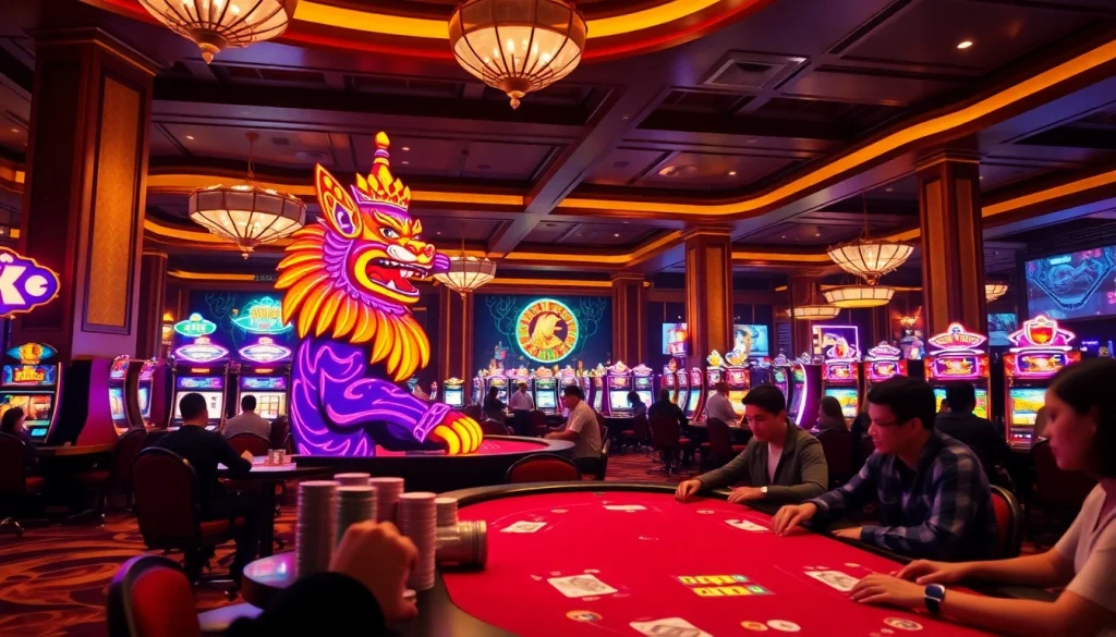 Gamblers celebrating a big win at a casino featuring Raja Barong decor and vibrant slot machines.