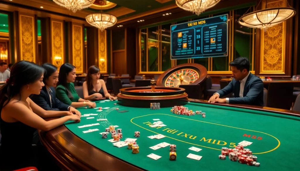 Tài xỉu md5 game in an upscale casino setting, showcasing excitement and anticipation among players.