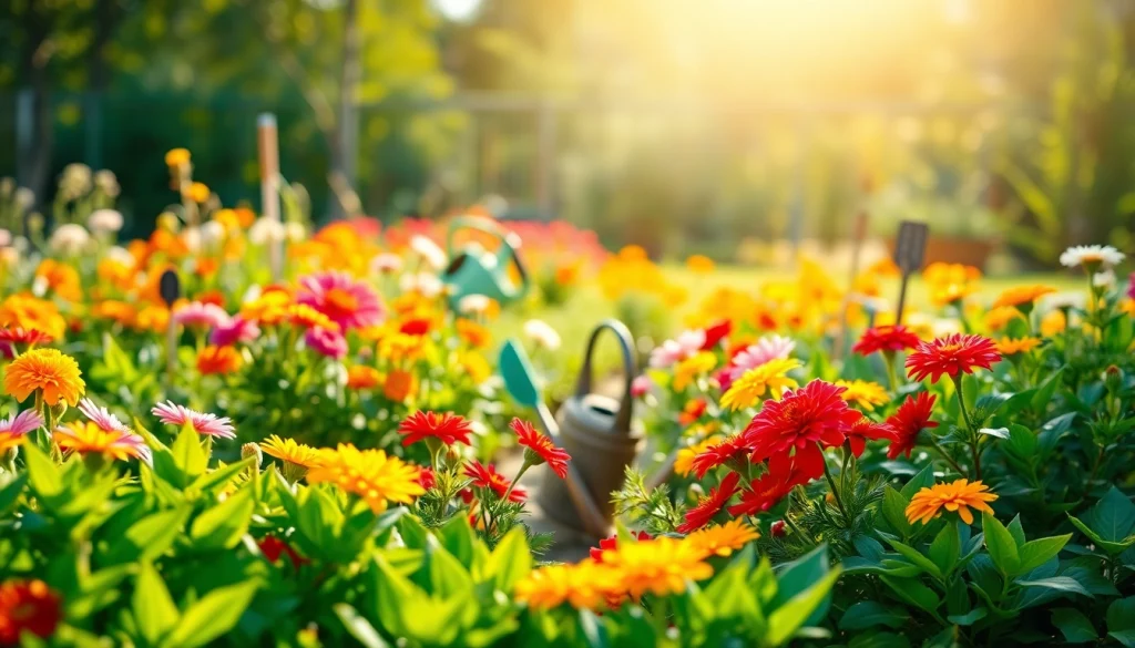 Gardening blooming flowers in a vibrant garden with tools showcasing colorful plant care.