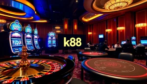 K88 online players engaging in a vibrant casino atmosphere with roulette and slot machines.
