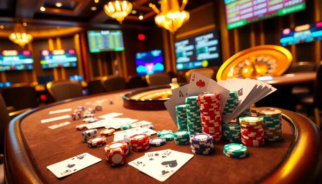 Intense poker action at https://hay88.deal/ with vibrant chips, cards, and a stylish casino ambiance.