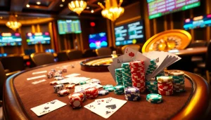 Intense poker action at https://hay88.deal/ with vibrant chips, cards, and a stylish casino ambiance.