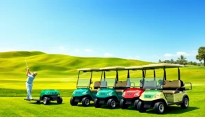 Used golf carts showcased on a sunny golf course, inviting viewers to explore various options.