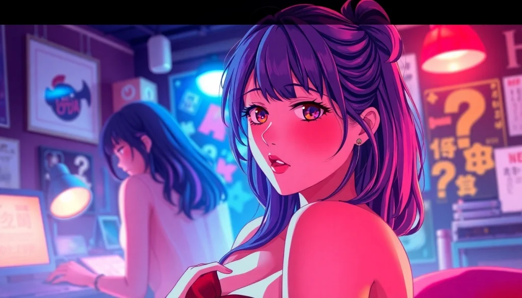 Anime sex scene in a vibrant anime studio illuminated with dramatic lighting.