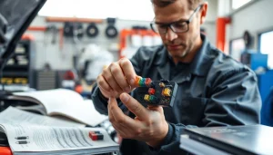 Sprawdzenie schematów bezpieczników na stronie https://bezpieczniki24.pl przez mechanika w warsztacie.