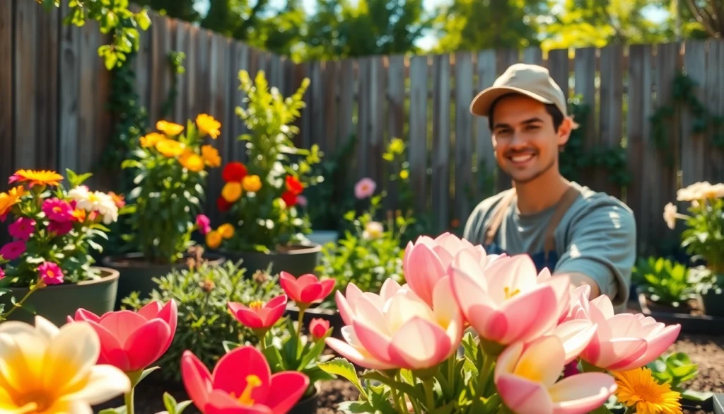 Gardening in a vibrant backyard garden showcasing colorful flowers and lush greenery.