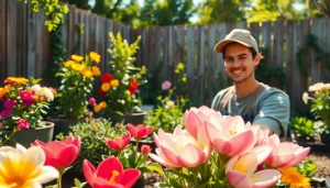 Gardening in a vibrant backyard garden showcasing colorful flowers and lush greenery.