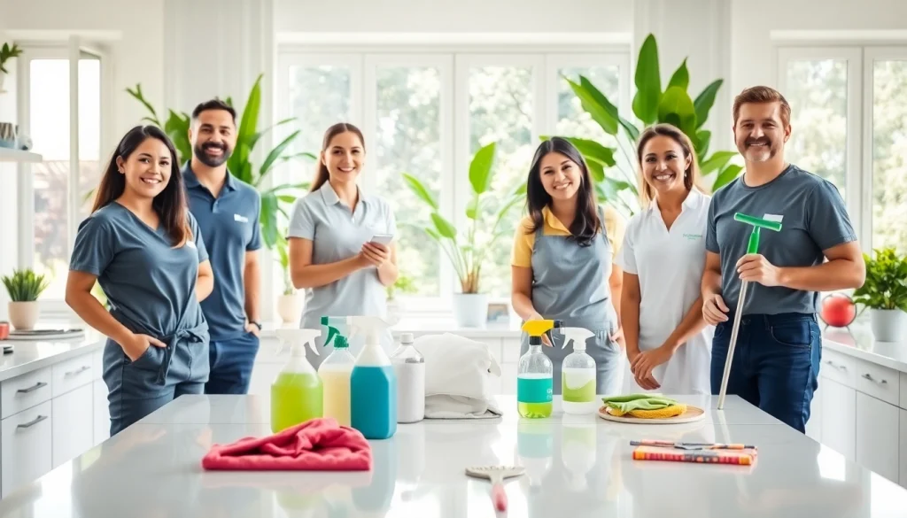 Cleaners providing exceptional cleaning service in a sparkling modern home kitchen.