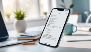 Dynamic screen of 有道翻译 app demonstrating translation features on a modern smartphone in a bright workspace.