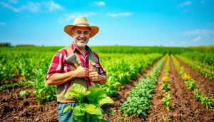 Petani toto sedang bekerja di ladang subur, dikelilingi oleh tanaman hijau dan cerah.