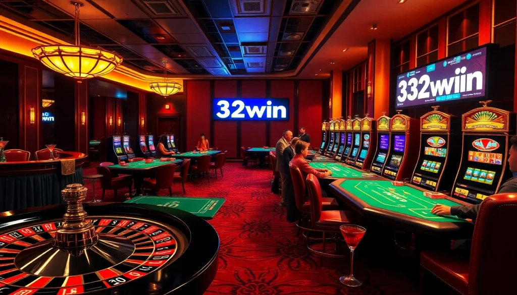 Experience thrill at 32win with vibrant casino tables, chips, and a roulette wheel.
