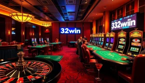 Experience thrill at 32win with vibrant casino tables, chips, and a roulette wheel.