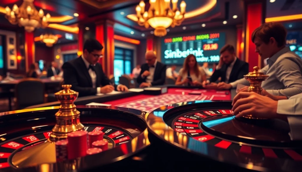 Betting action at sinbet.ink casino featuring poker chips and a roulette wheel.