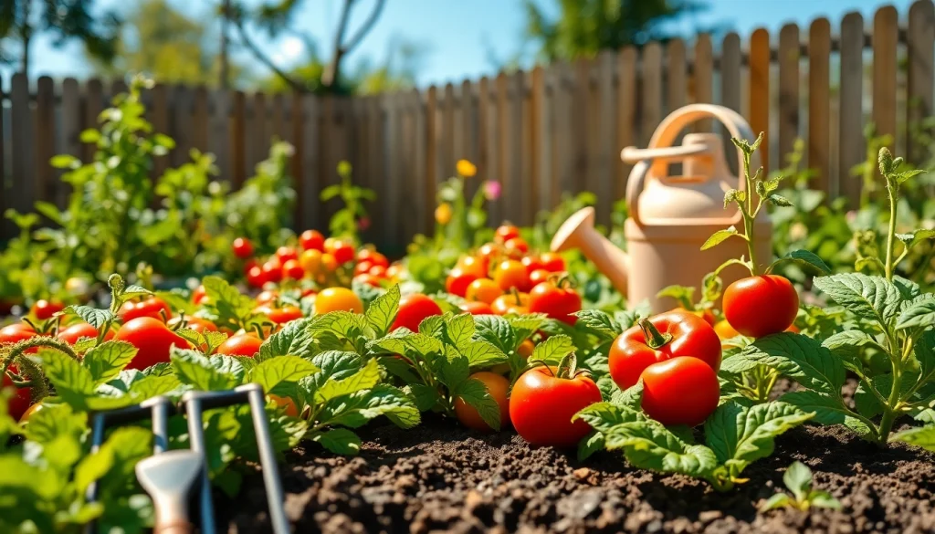 Gardening scene showcasing a vibrant vegetable garden with rich colors and joyful atmosphere.