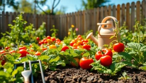 Gardening scene showcasing a vibrant vegetable garden with rich colors and joyful atmosphere.