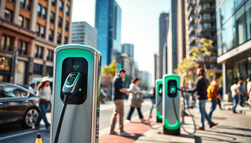 Capture of EV charging news highlighting modern chargers in a busy city, demonstrating user interaction.