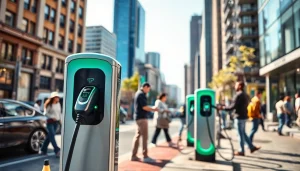 Capture of EV charging news highlighting modern chargers in a busy city, demonstrating user interaction.