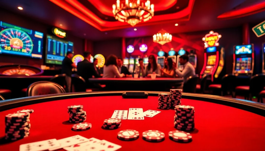 Experience the thrill of i9bet with an upscale casino environment featuring poker tables and digital betting interfaces.