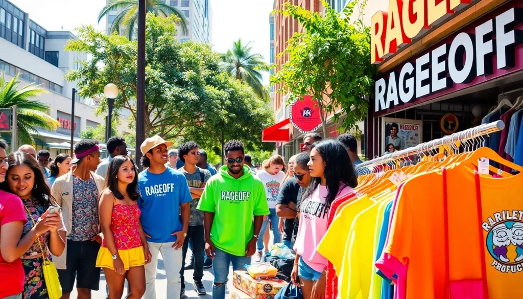 Vibrant scene showcasing RageOff drops products in a lively street market setting.
