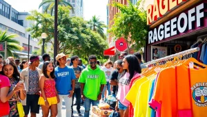 Vibrant scene showcasing RageOff drops products in a lively street market setting.
