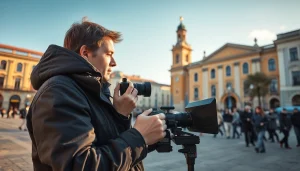 Передача новин з https://sumytoday.in.ua на фоні центральної площі Сум.