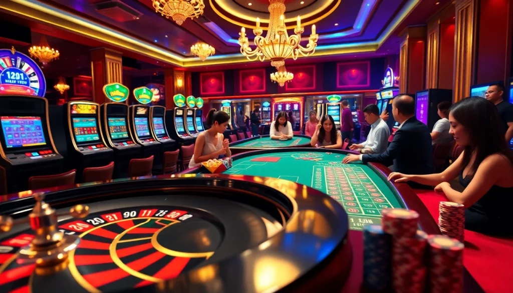 Experience the thrill of LIÊN MINH KJC with vibrant casino visuals highlighting poker and roulette.