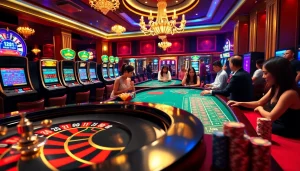 Experience the thrill of LIÊN MINH KJC with vibrant casino visuals highlighting poker and roulette.