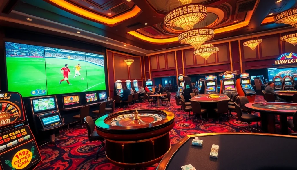 Exciting truc tiep bong da experience in a lively casino setting with poker tables and a football match screen.