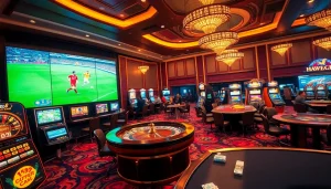 Exciting truc tiep bong da experience in a lively casino setting with poker tables and a football match screen.