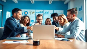 Engaged team collaborating on business strategies in a modern office environment.