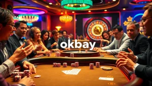 Players strategically betting at a luxurious poker table, emphasizing okbay-themed gambling excitement.