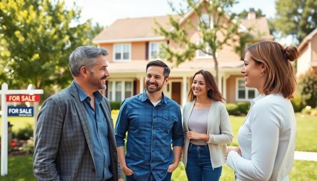 Explore a real estate agent guiding a family towards their dream home in a picturesque setting.