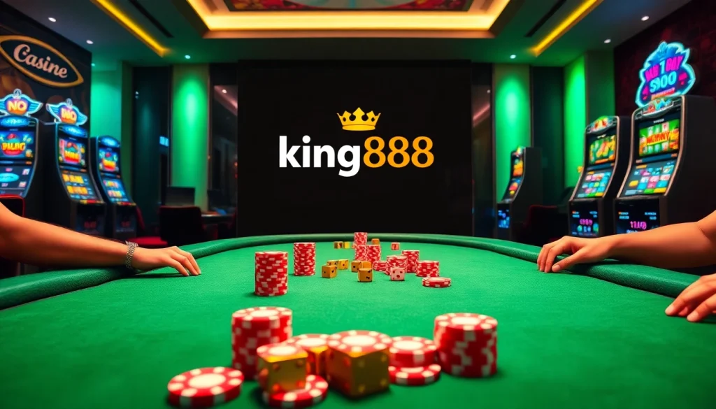 king888 online gambling experience with vibrant casino tables and poker chips.