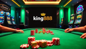 king888 online gambling experience with vibrant casino tables and poker chips.