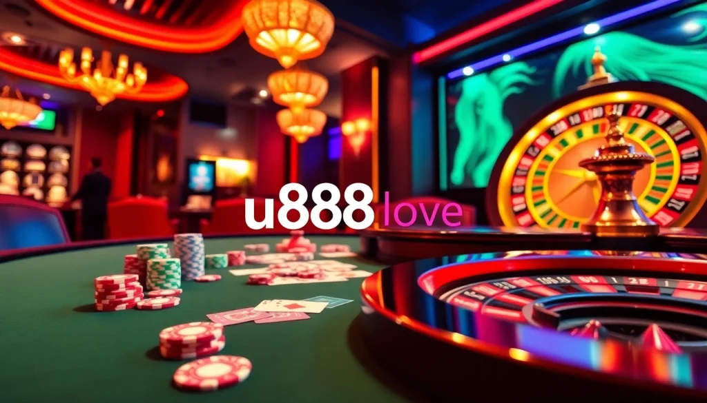 Experience the excitement of gambling at the u888 love casino table filled with vibrant poker chips and cards.
