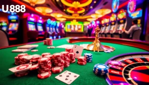 Betting excitement at U888 with poker chips and a roulette wheel in a luxurious casino.