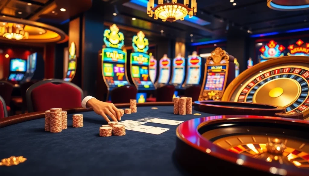 Engaging scene of professional gambling at KJC COM with poker chips, cards, and slot machines.