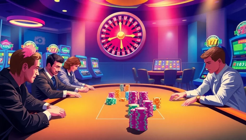 Exciting gambling scene at https://topclub.space/ featuring poker players, roulette wheel, and vibrant slot machines.