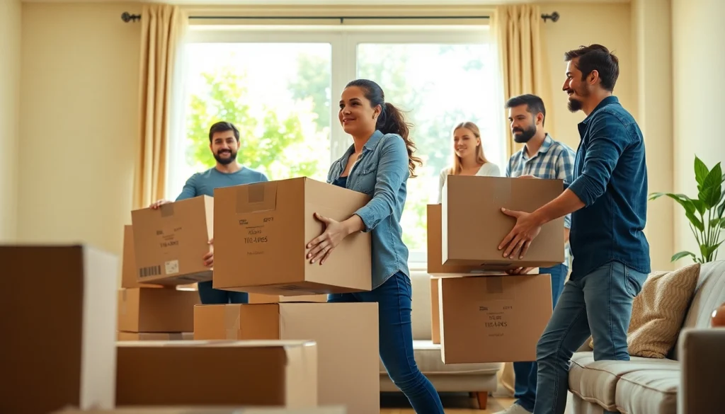 Residential Moving with professional movers organizing packed boxes in a bright living room.