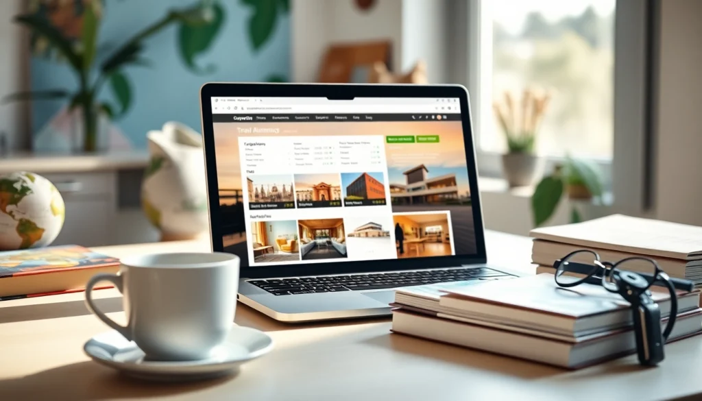 Compare Rates for Hotels with a laptop showing hotel websites and travel accessories.