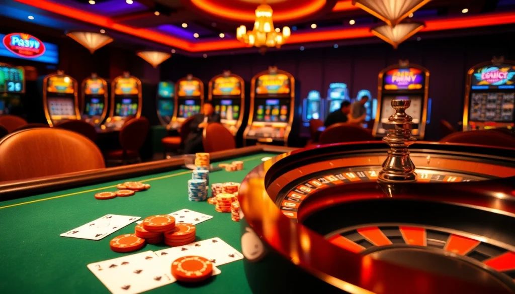 Exciting casino atmosphere at PS99 featuring poker chips, a roulette wheel, and slot machines.